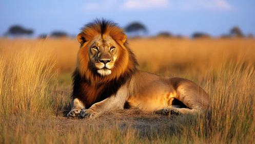 Regal lion rests in sunlit savanna grass at dusk.