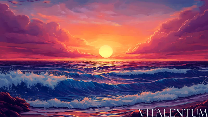 Chromatic ocean sunset with volumetric clouds and wave dynamics.