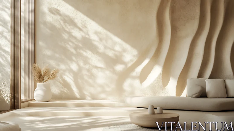 Minimalist sand-toned lounge with sculpted wave wall lighting.