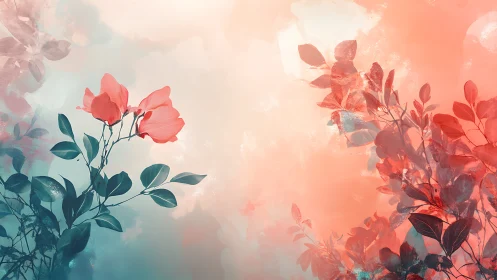 Ethereal Floral Gradient: Rose Blooms Against Warm Peachy Teal Synthesis
