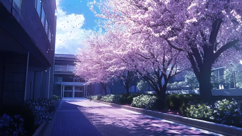 Cherry blossoms glow over a tranquil sunlit school courtyard