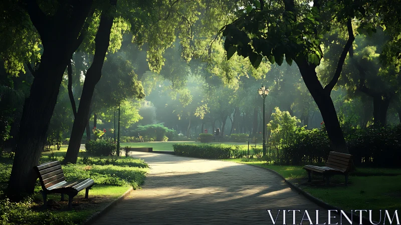 Sunlit park pathway with benches and dense green trees