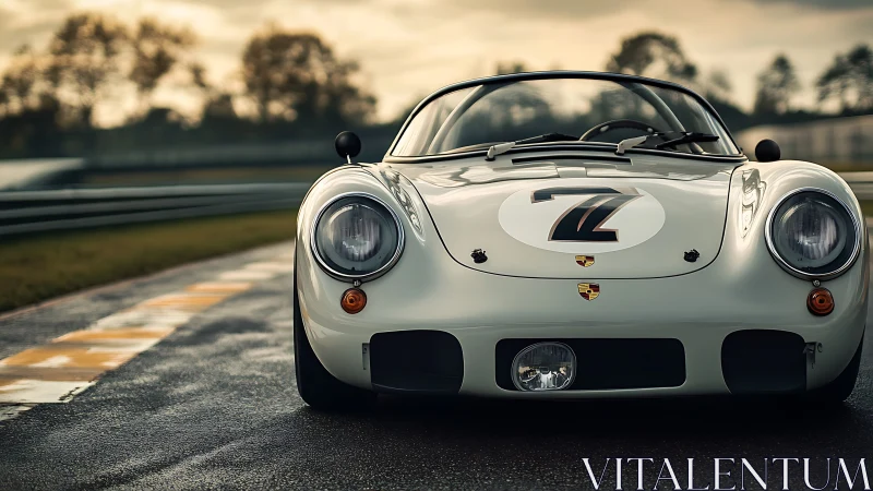 Vintage race car waits on wet track under moody skies.