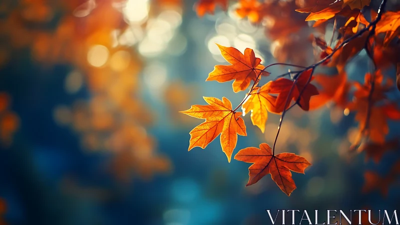 Sharp orange autumn leaves against soft blue bokeh.