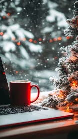 Red mug on laptop beside frosted Christmas tree lights.