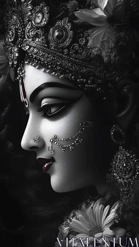 Moonlit goddess profile crowned in jeweled midnight blooms.