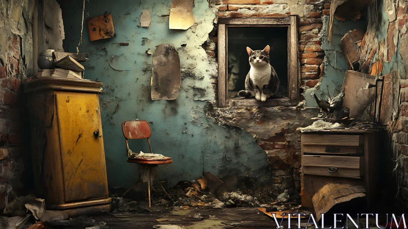 Cat in decayed room framed by weathered window and cluttered ruin.