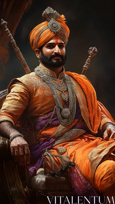 Sunlit maratha monarch glows in saffron regalia and steel calm
