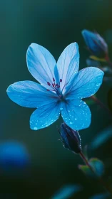 Blue flower macro shows dew on petals and sharp stamen detail