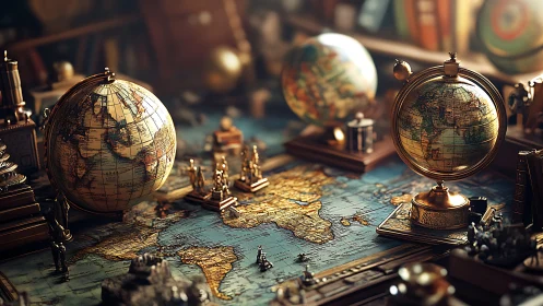 Brass terrestrial globes on cartographic exploration desk.