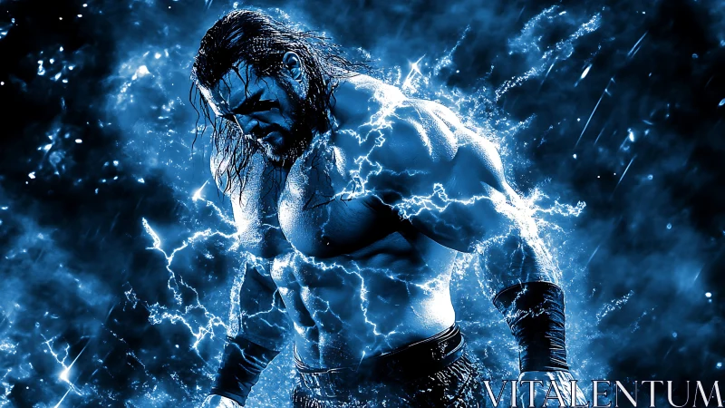 Electrified warrior stands empowered amid storm surge energy
