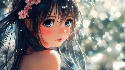 Blossom-haired anime girl gazes back through glowing bokeh light