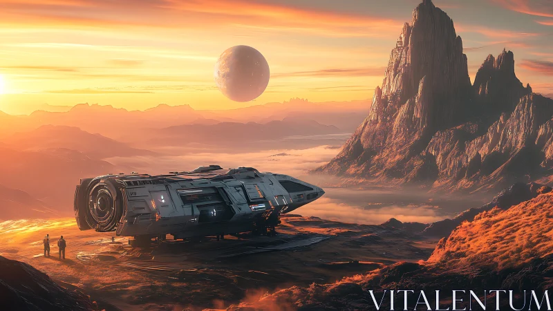 Starship landing on molten plateau under twin suns at dusk.