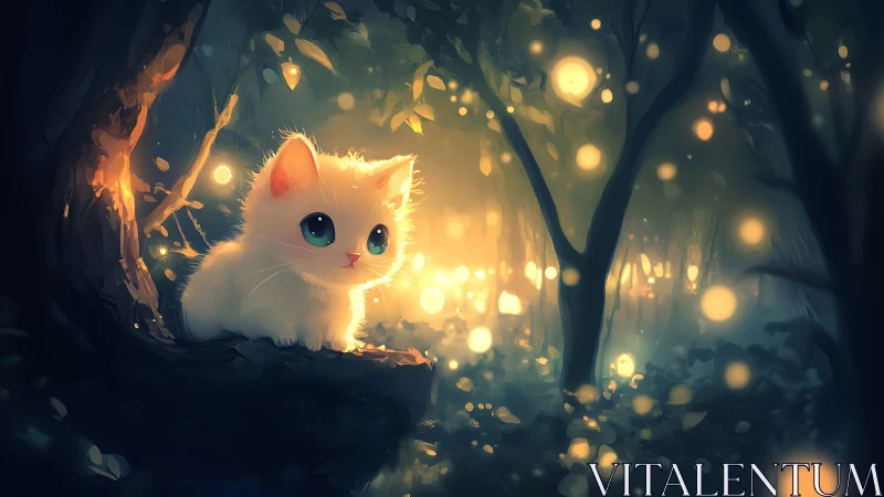 White Feline in Illuminated Forest Environment