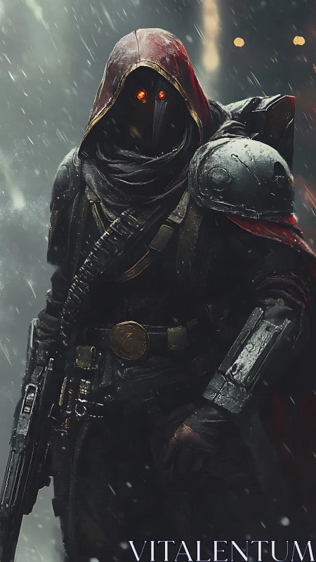 Hooded storm wanderer with glowing eyes in rain-soaked armor.