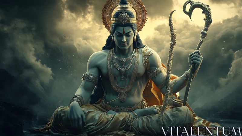 Divine warrior deity meditates amid stormlit mountainscape.
