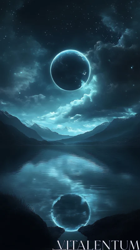 Luminous planet above alpine lake with mirrored reflection.