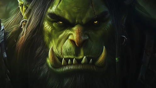 Battle-scarred orc warlord glares forward with burning resolve