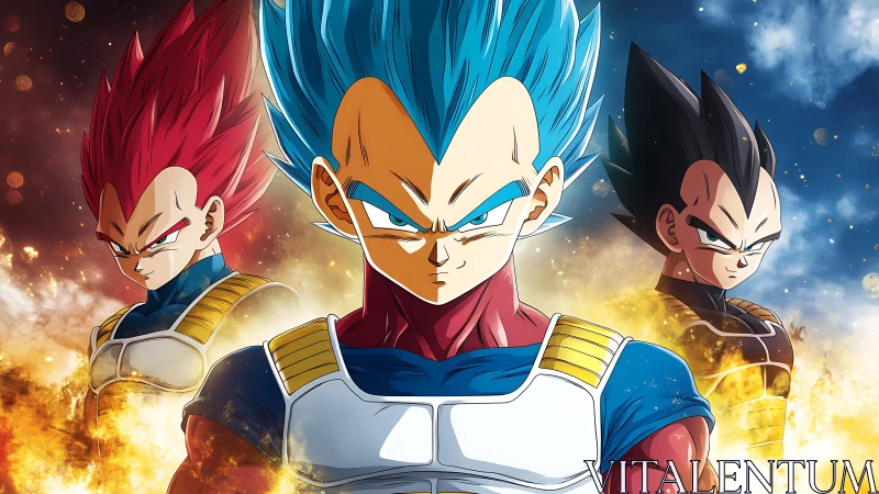 Triadic Saiyan warrior forms in blazing cosmic battlefield.