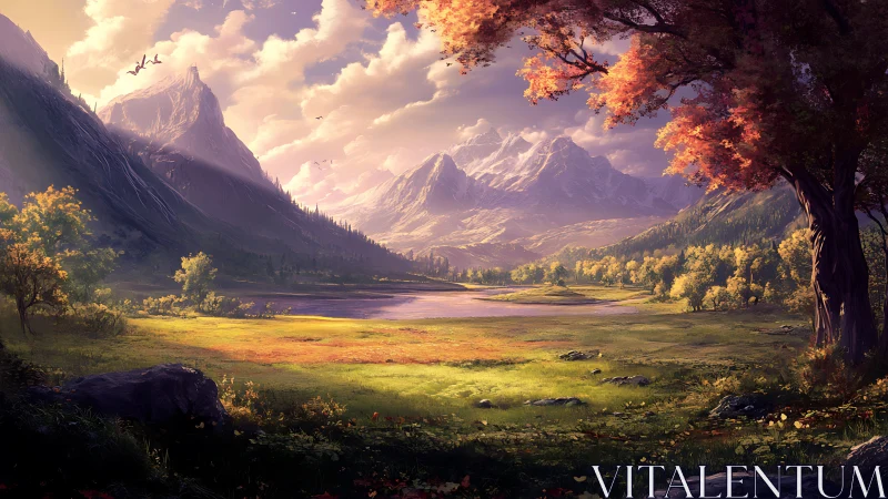 Golden valley lake under distant snowcapped peaks at dusk.