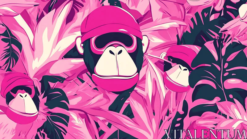 Playful pink monkeys lounge in bold tropical jungle leaves