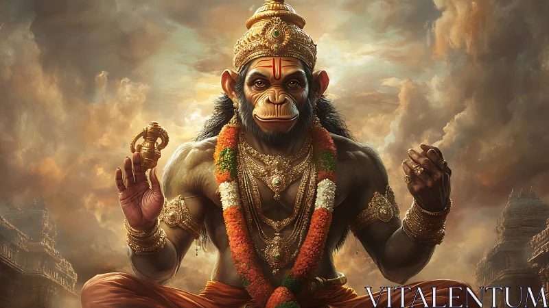 Divine simian warrior meditates within storm-bright clouds
