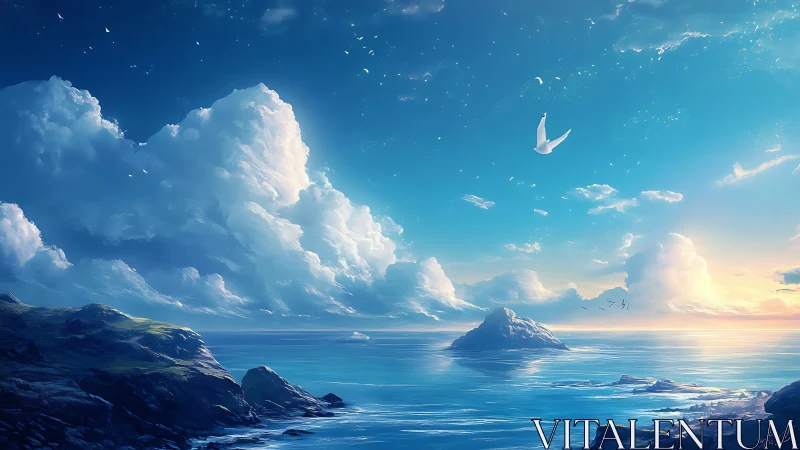 Serene Coastal Seascape with Ethereal Cloud Formation and Distant Island