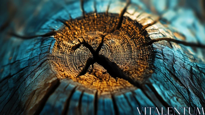 Close-up view shows weathered wooden log cross-section center