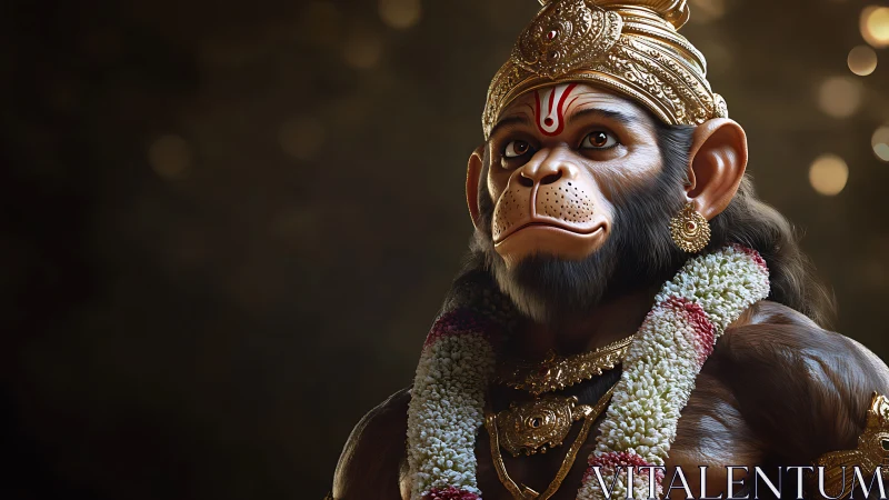 Regal monkey deity in golden crown and solemn divine glow.