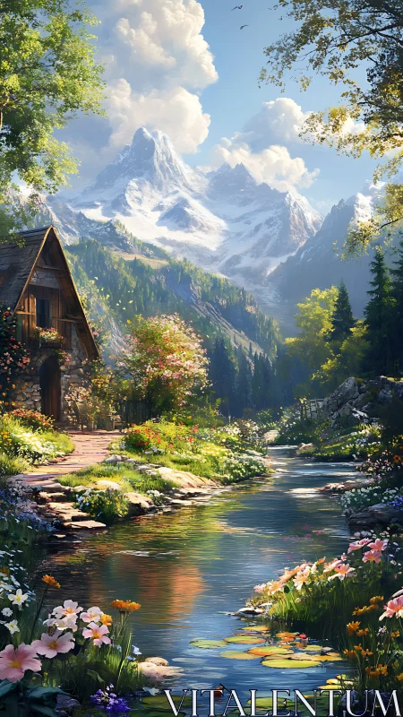Mountain stream valley with floral foreground and cabin lighting study