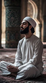 Photorealistic portrait of meditative worshipper in mosque interior.