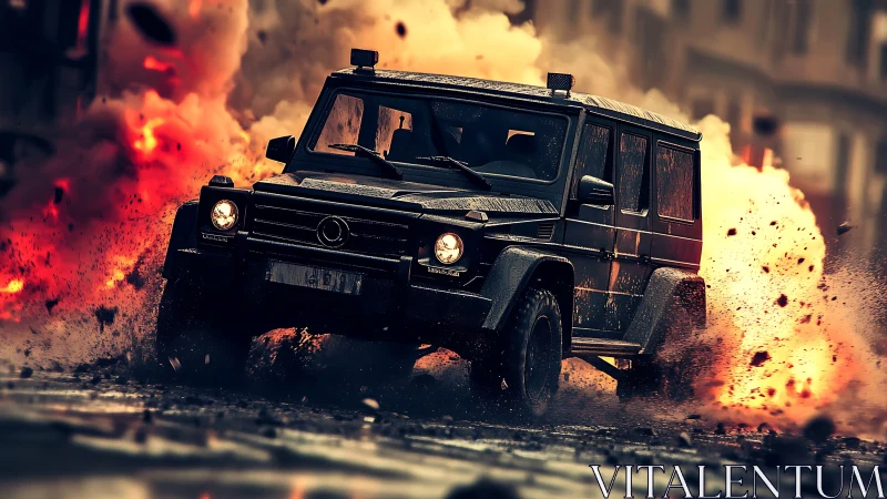 Armored urban SUV traversing explosive debris field dynamically.
