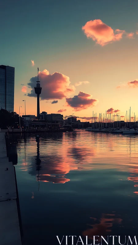 Harbor skyline at dusk with cloud reflections and tower silhouette.