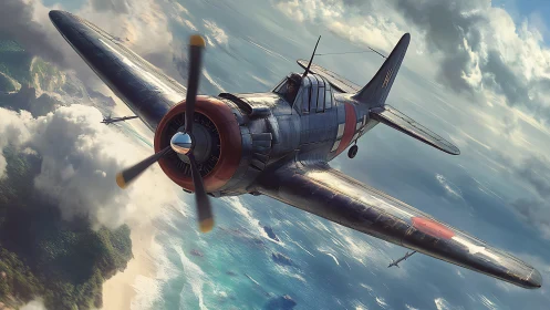Wartime fighter plane banking above tropical coastline clouds.