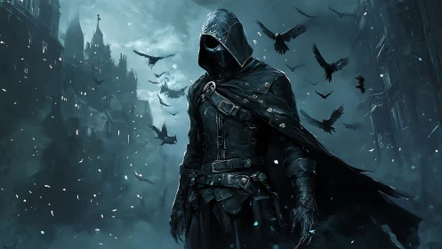Mysterious hooded wanderer in a storm of restless crows.