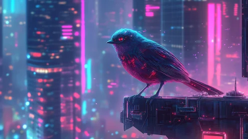 Neon raven sentry perched above humming cyberpunk skyline.