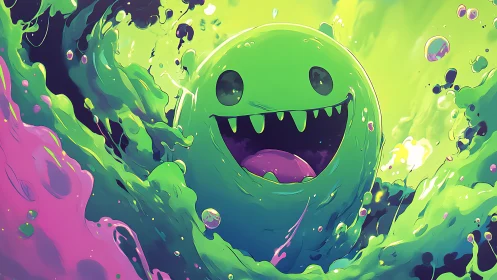 Neon slime monster bursts through swirling liquid chaos.