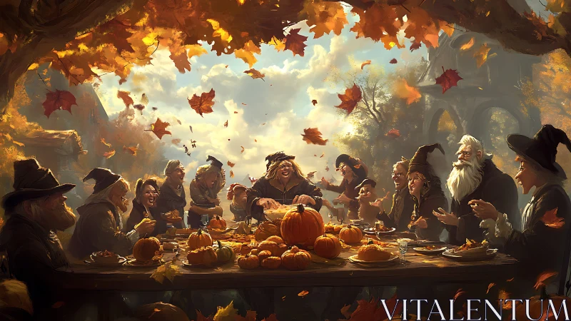 Joyful autumn feast gathers cheerful wizards under falling leaves
