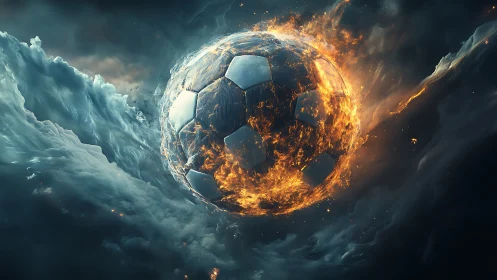 Burning soccer ball tears through stormy dark clouds midair