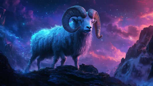 Celestial ram under neon twilight sky in cosmic mountains.