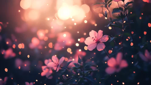 Pink Petals Dance Through Twilight's Glowing Bokeh Dreamscape