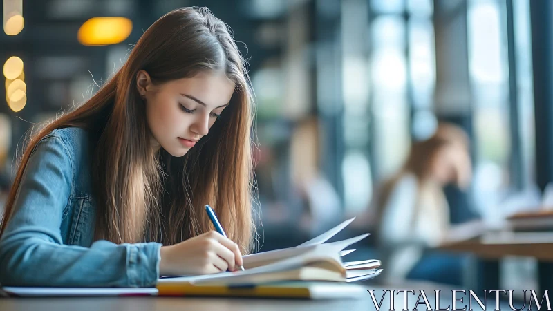 Focused young woman studying in modern cafe, natural lighting.