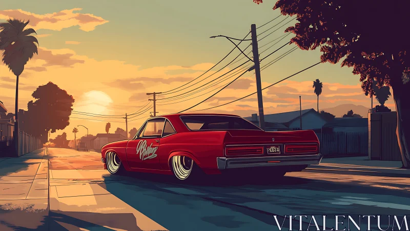 Red lowrider car on quiet suburban street at sunset.