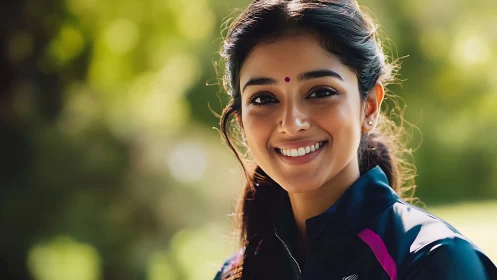 Smiling woman in sportswear outdoors, natural light portrait.