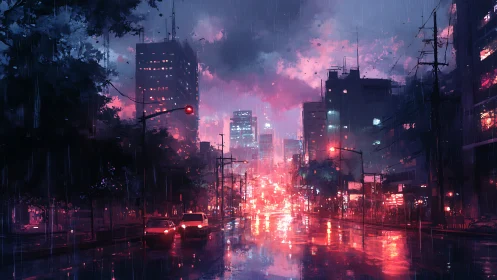 Neon city street glows through stormy violet rainfall.