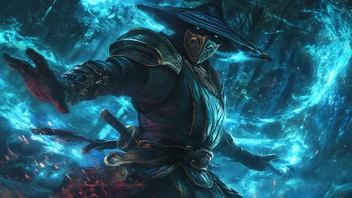 Arcane warrior channels blue elemental energy in forest.