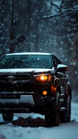 Snow-dusted black SUV with glowing headlights at dusk.