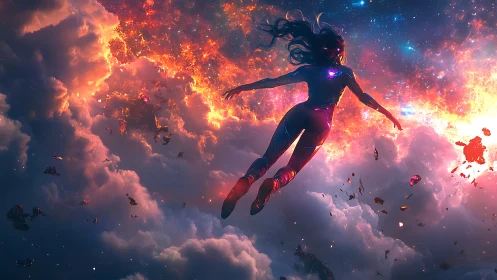 Cosmic heroine ascends through blazing nebula clouds at dawn.