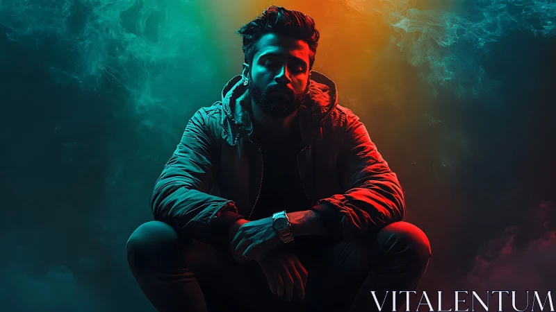 Moody portrait of man in neon haze with dramatic lighting.