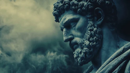 Brooding marble philosopher amid swirling teal mistscape.